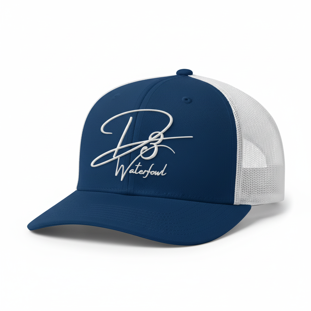 Blue and white hat angled view