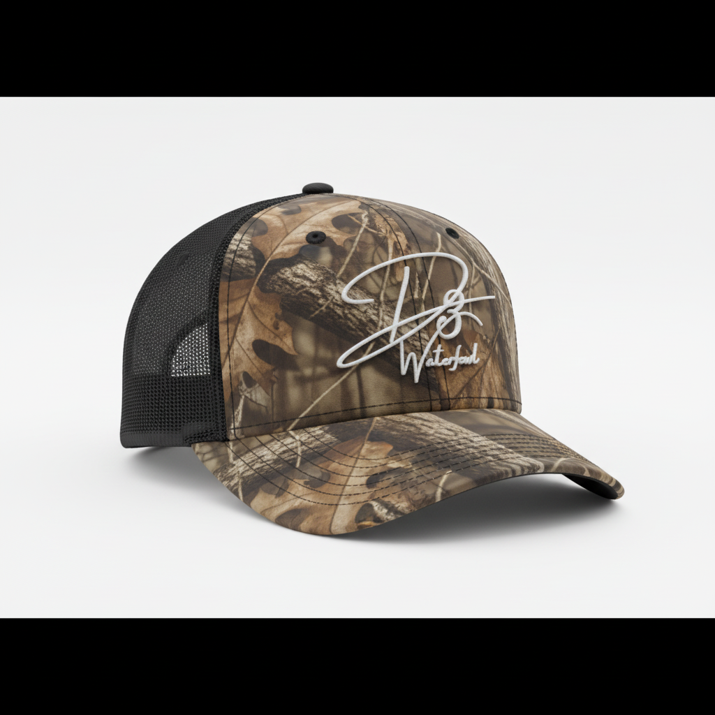 Bottomland camo hat with white logo - angled view