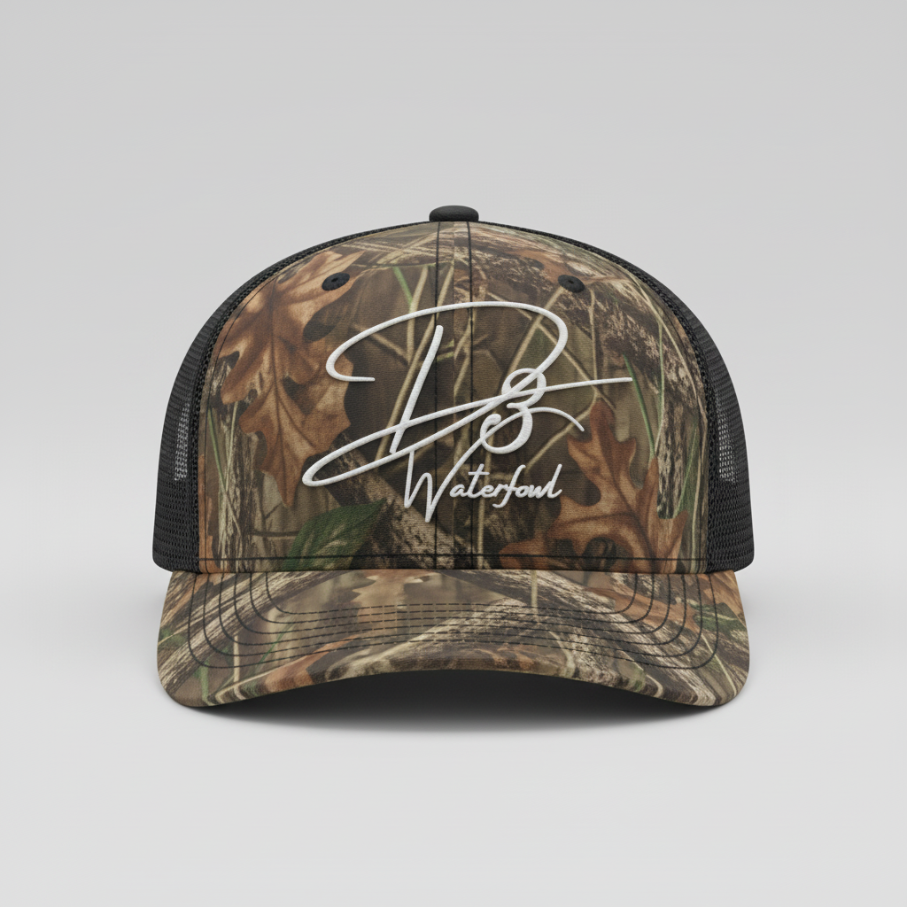 Bottomland camo hat with white logo - front view