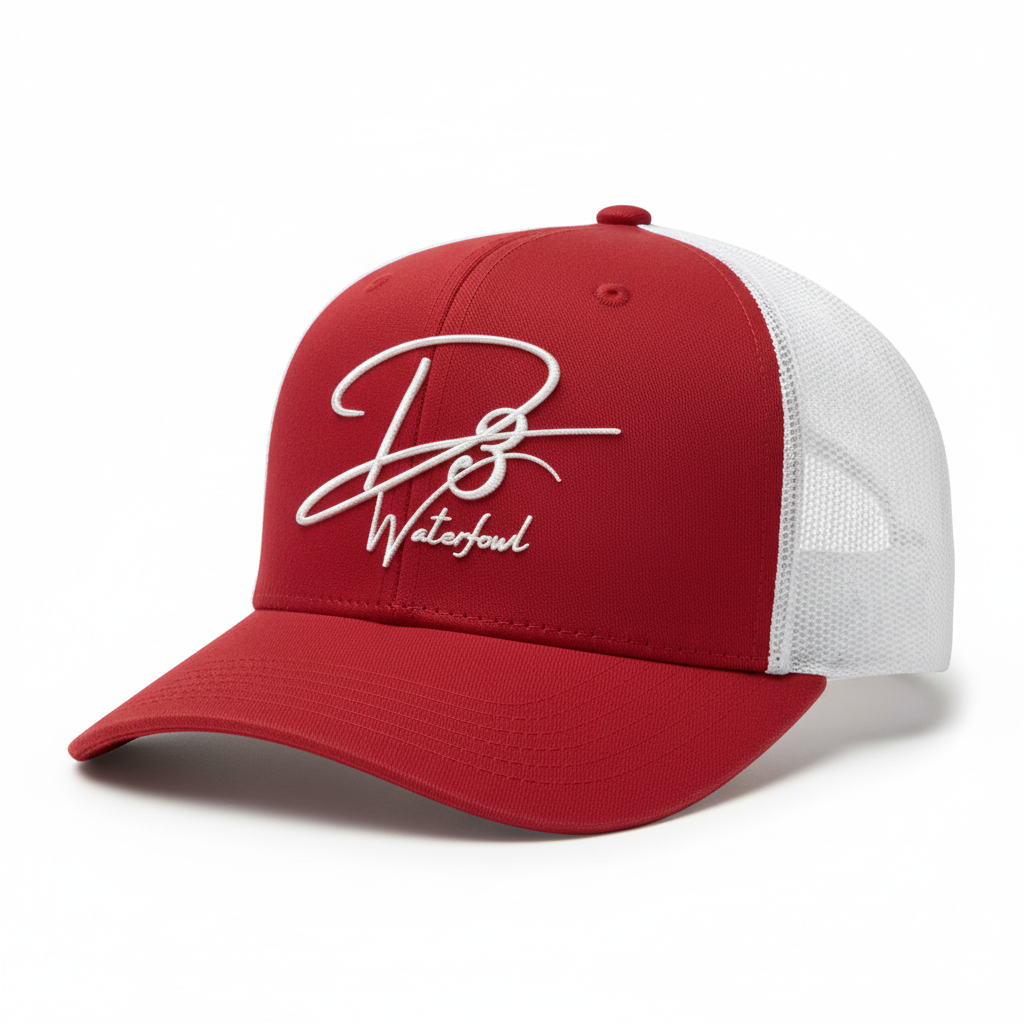 Red and white hat angled view