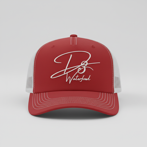 Red and white hat front view